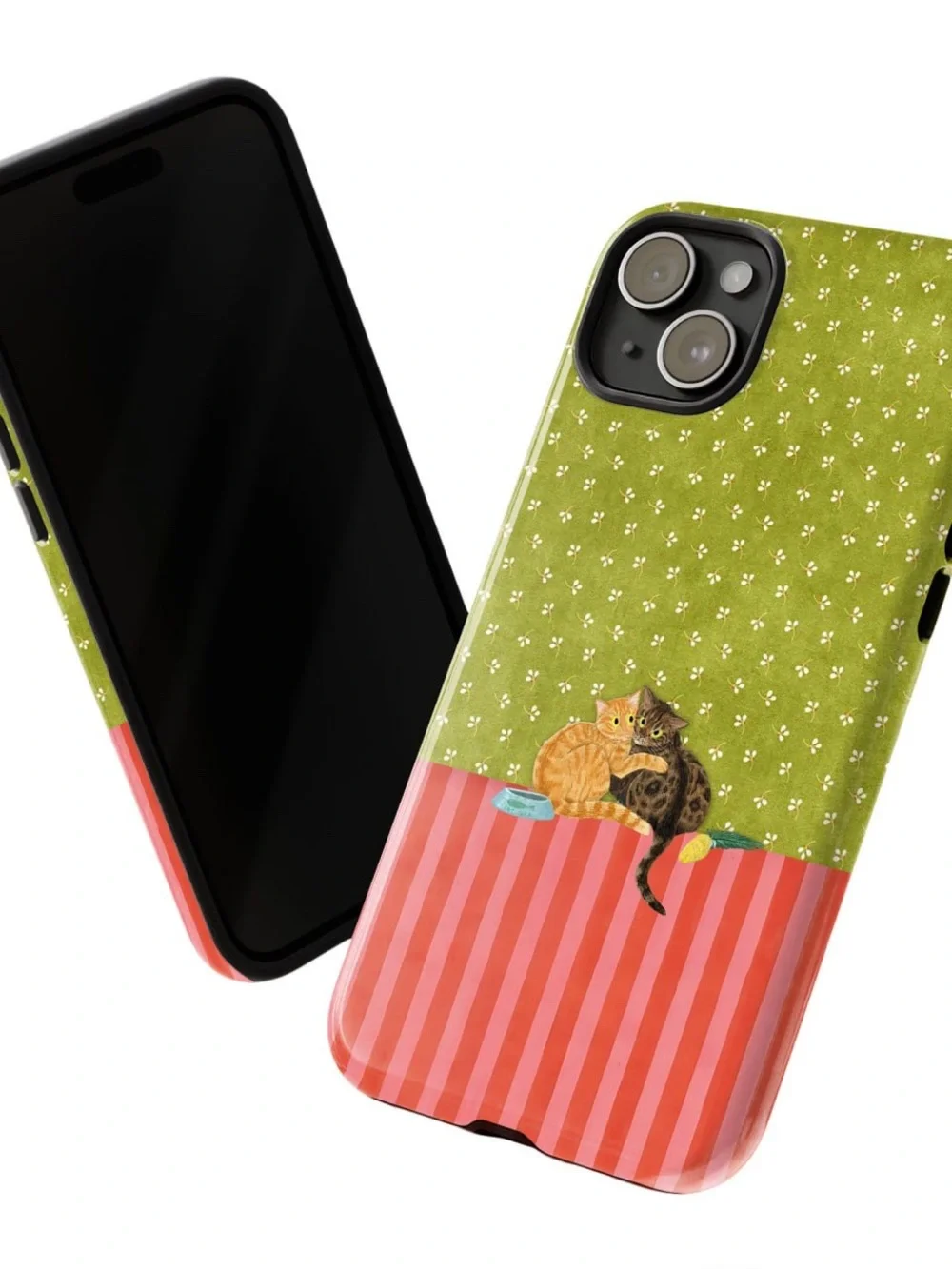 Cute Two Cats Phone Case in Green and Red - Pet Lover Design